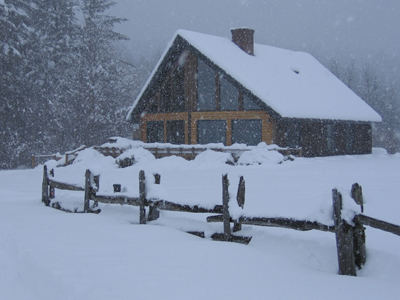 Stowe Log Chalet - Exterior snowstorm